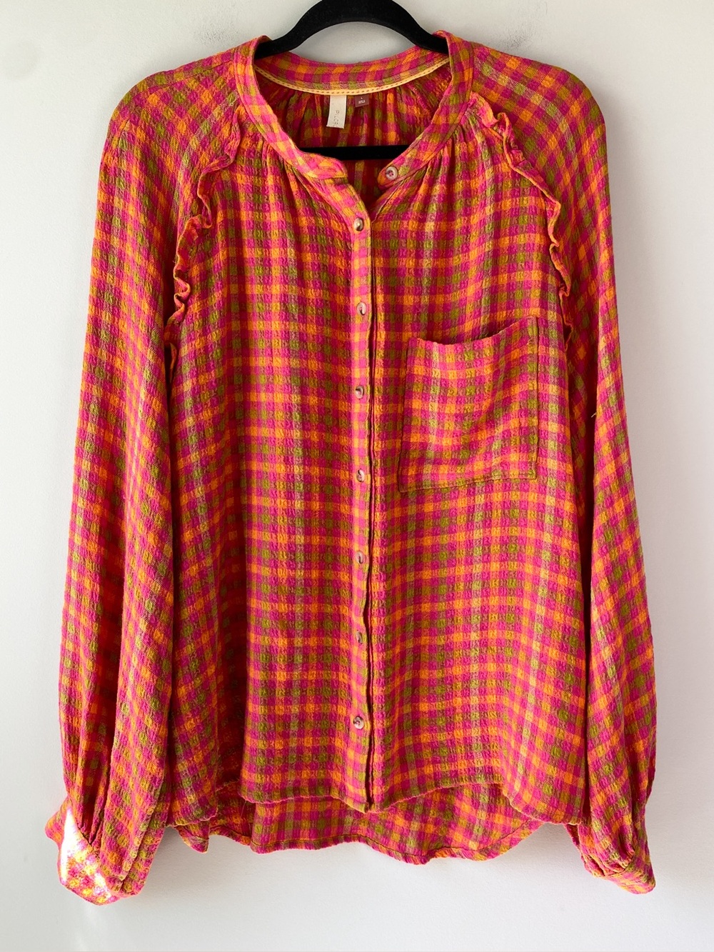Pilcro Anthropologie Breezy Button Up Ruffle Blouse L Pink Orange Gingham Picnic